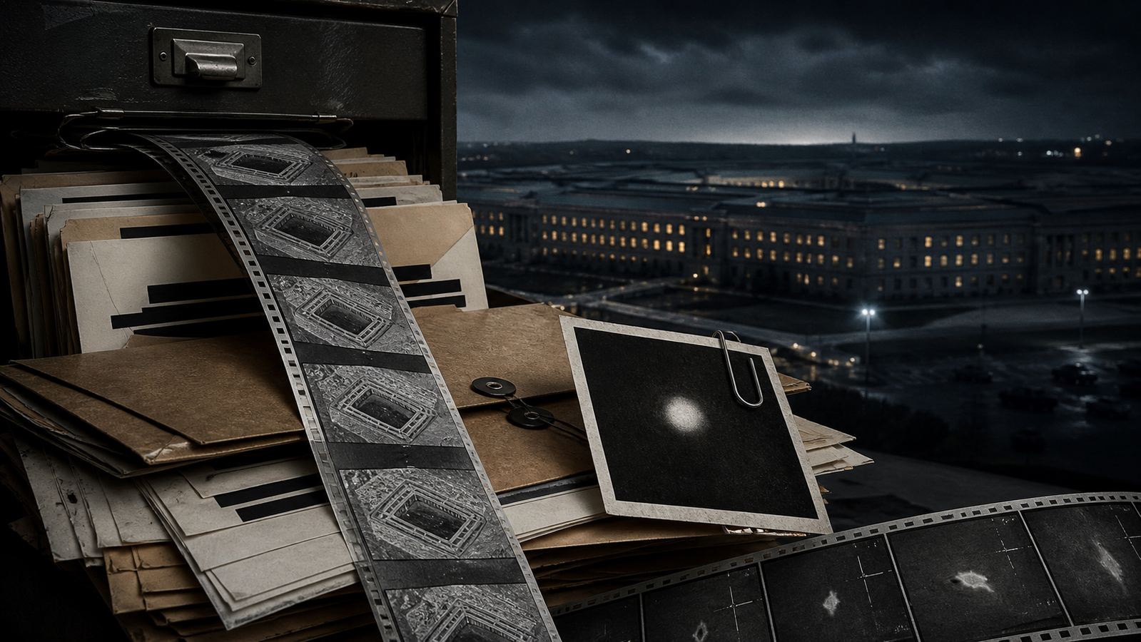 Declassified evidence folders and film strips overlooking the Pentagon