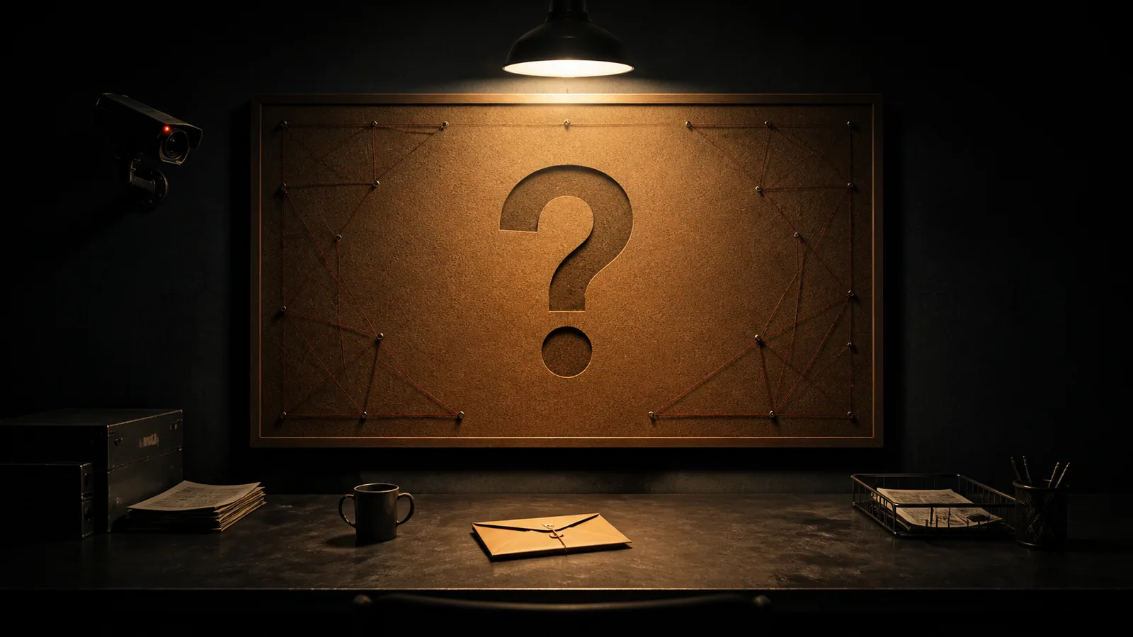 Empty evidence board and sealed envelope beneath an interrogation lamp