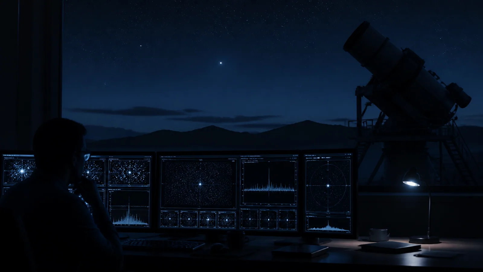 Night observatory console measuring an ambiguous point of light with scientific instruments