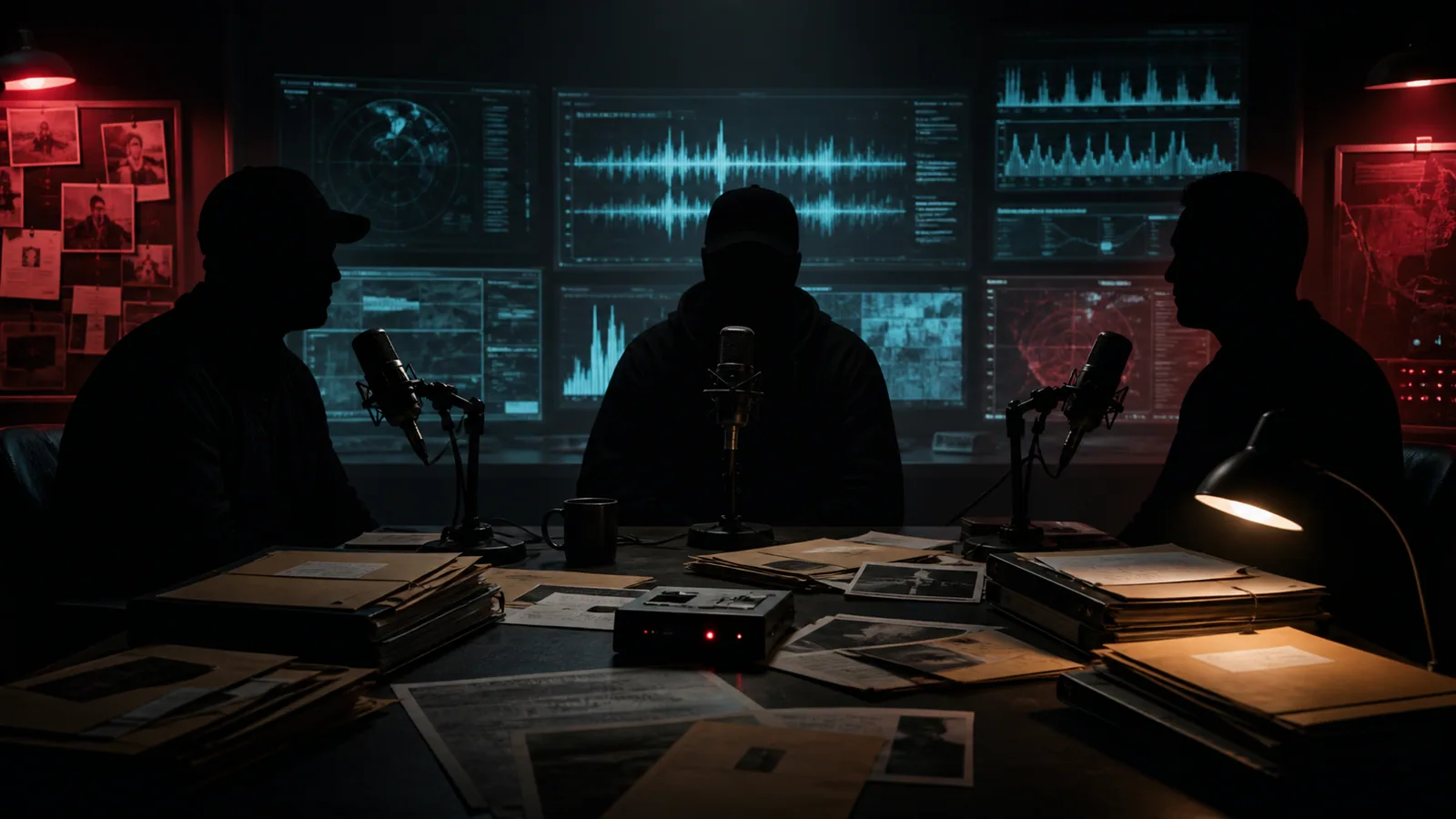 Three silhouetted speakers at an investigative UAP interview table