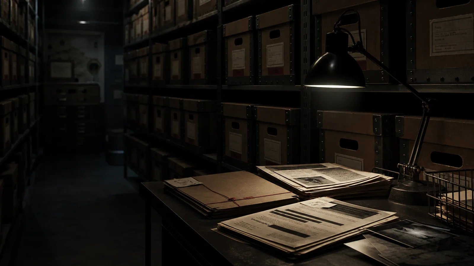 UAP archival boxes and declassified folders under an evidence-room lamp