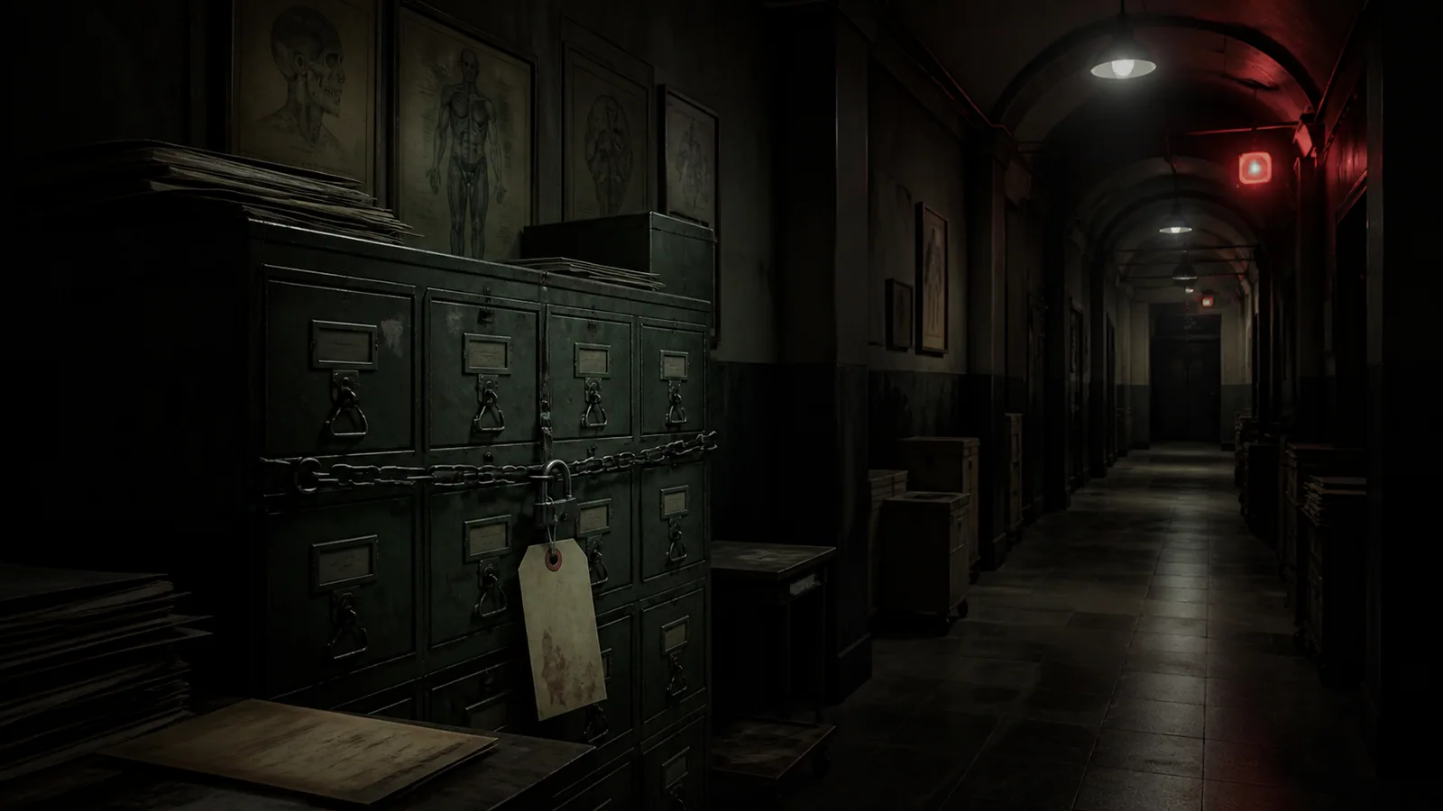 Locked records cabinet in a dark historic military pathology archive