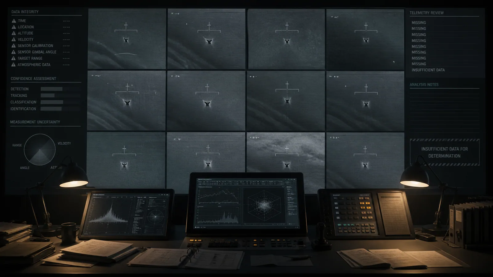 Dark analysis station reviewing a grid of military infrared UAP frames and missing telemetry