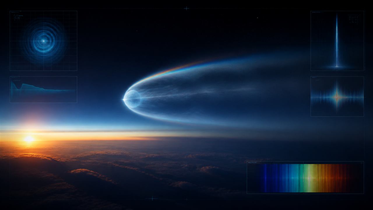 A scientific visualization of a faint spacetime bubble producing a luminous atmospheric signature above Earth.