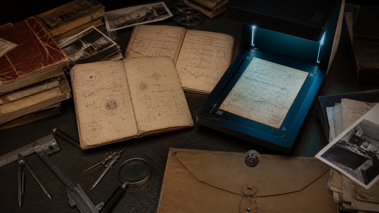 A Soviet-era engineering notebook and drafting tools being examined by a modern forensic document scanner.