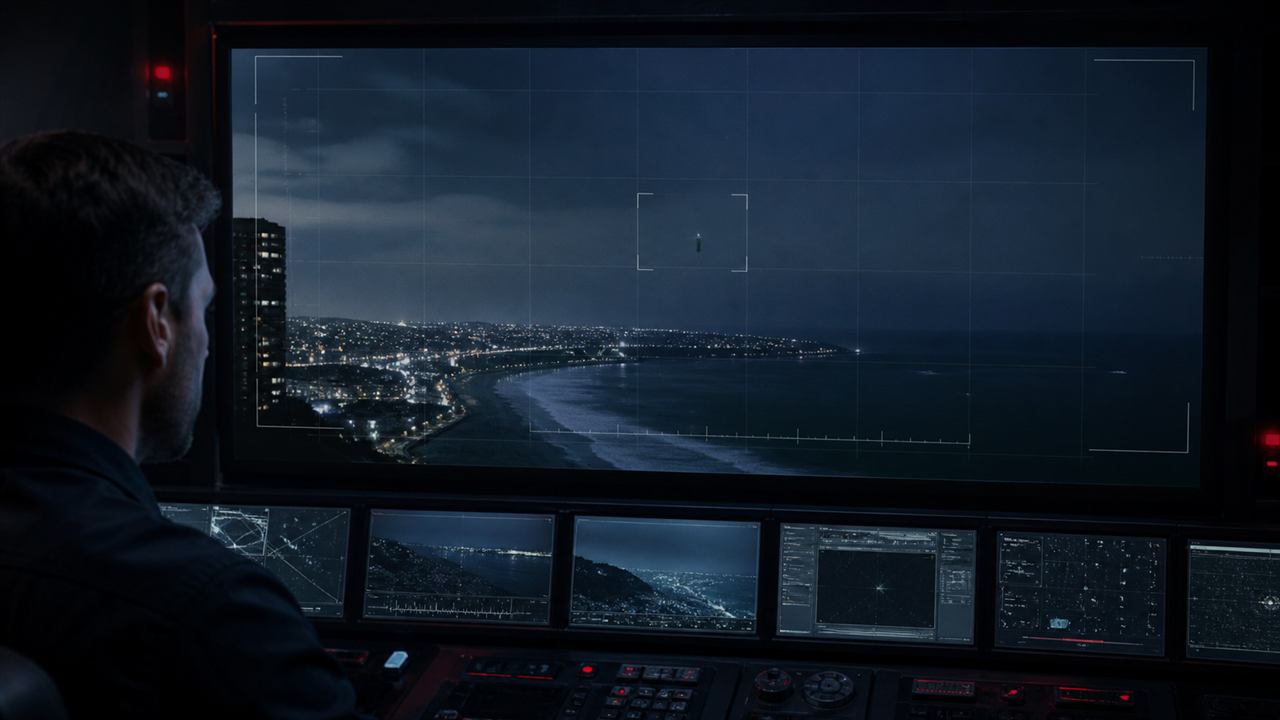 A forensic video-analysis station tracks a small unresolved vertical object above the San Diego coastline.