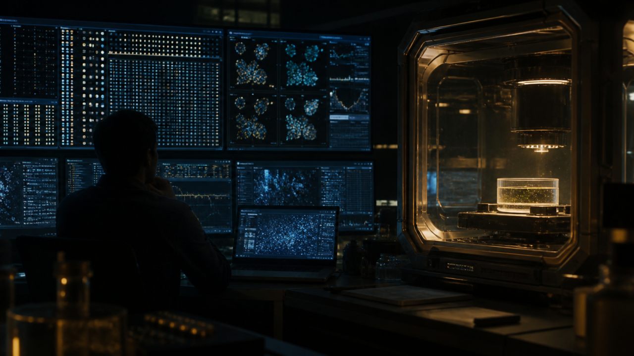 A scientist cross-checks an AI life-detection system in a dark laboratory.