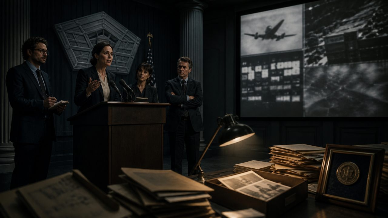 Investigative reporters present archival military evidence at a dark press-club podium.
