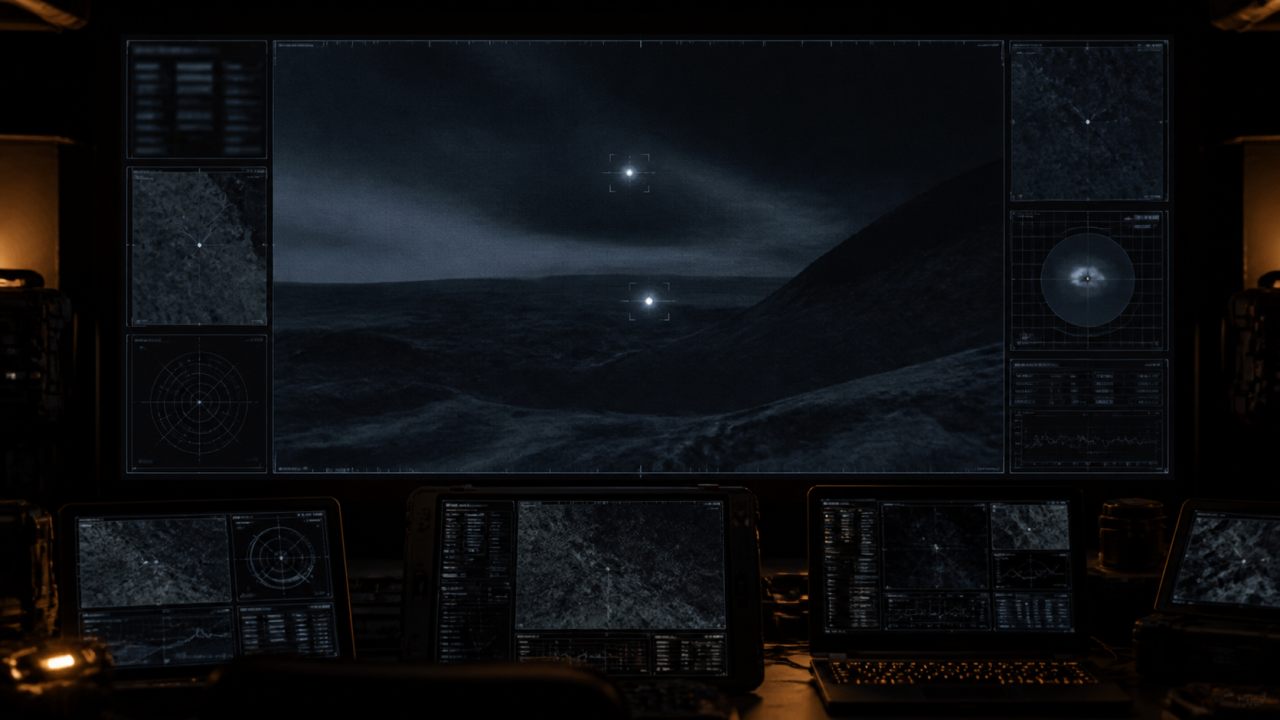 A dark military sensor station tracks two ambiguous infrared contrasts over a remote landscape.