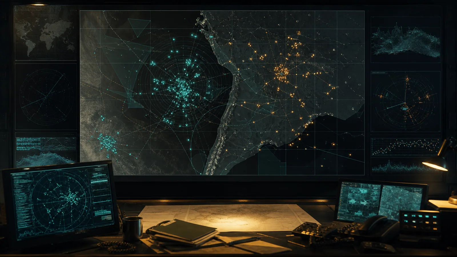 Dark field-intel station displaying an abstract map of UAP reporting trends