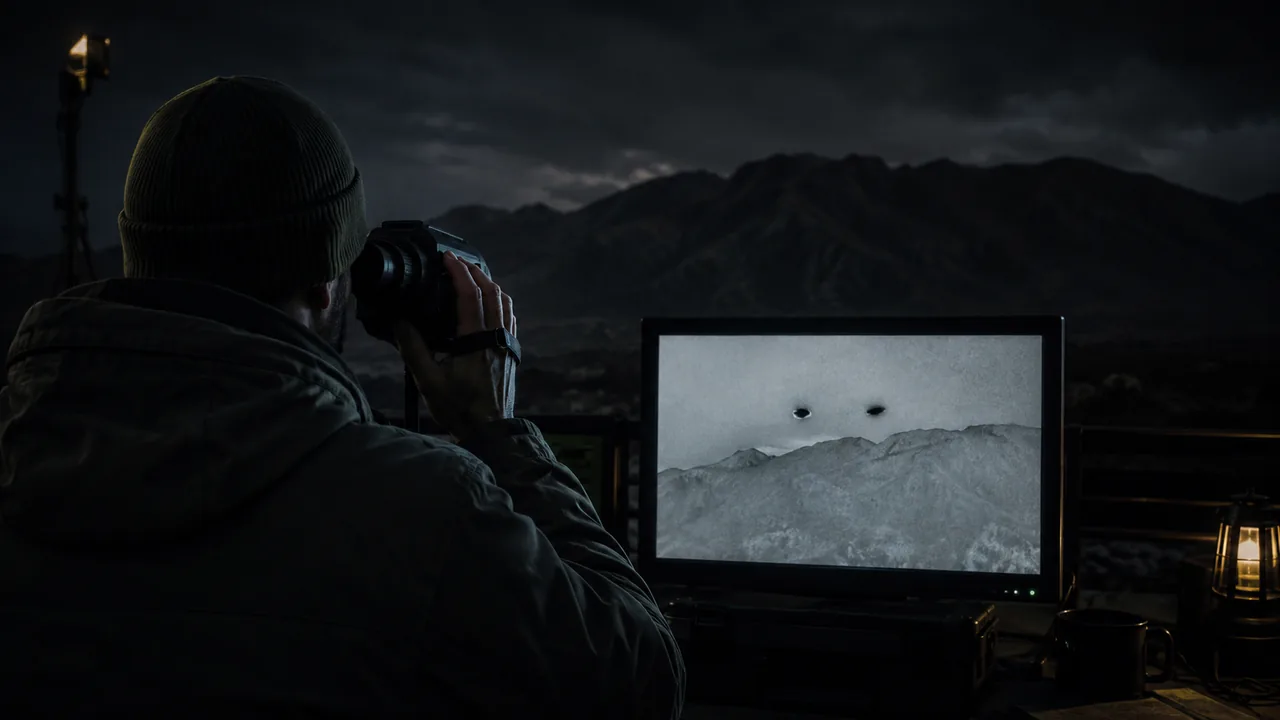 A federal investigator uses a thermal optic while two ambiguous dark-hot targets appear above a mountain ridgeline.