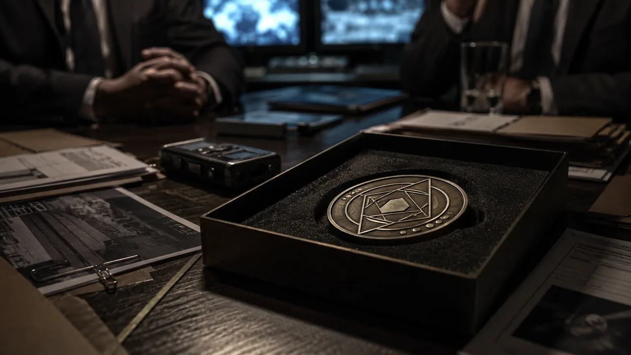 A fictional challenge coin rests in an evidence tray during a dark congressional briefing.