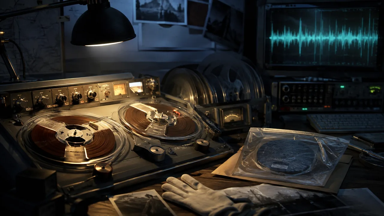 A vintage reel-to-reel recording is digitized at a dark archival audio workstation.