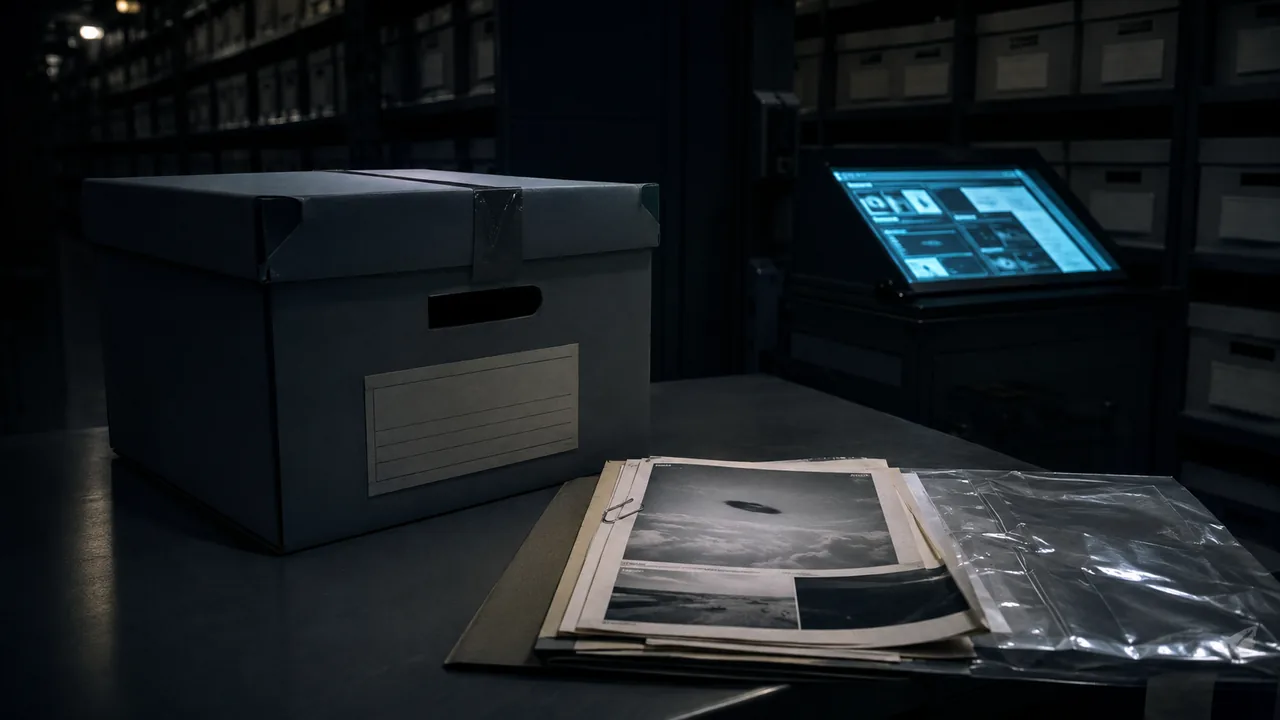 A secure archive holds a newly cataloged Air Force UAP records box beside a research terminal.