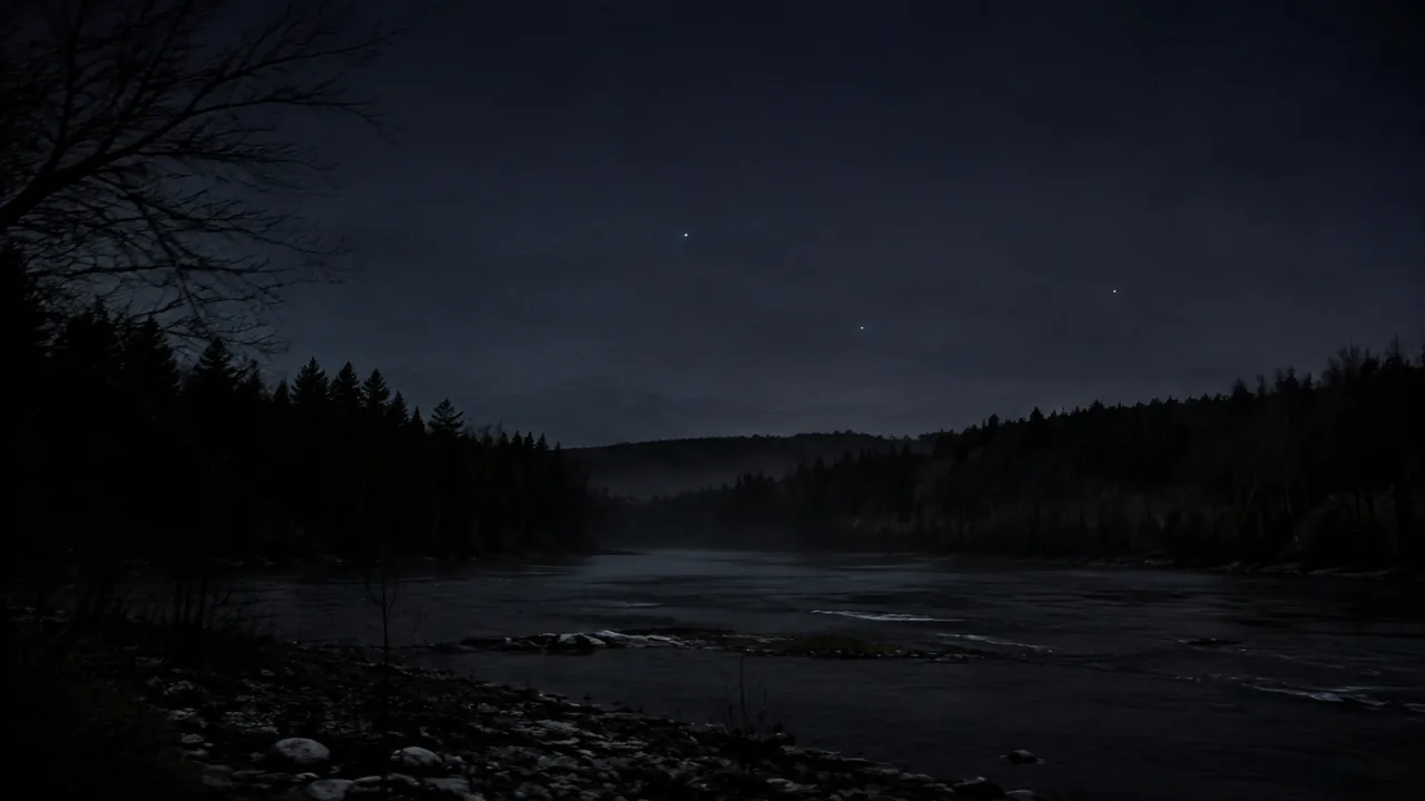 Several ambiguous lights appear above a dark Nordic river and forest from a fixed night-camera viewpoint.