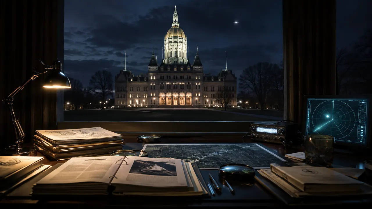 Connecticut's state capitol beyond a dark evidence desk with radar and archival records