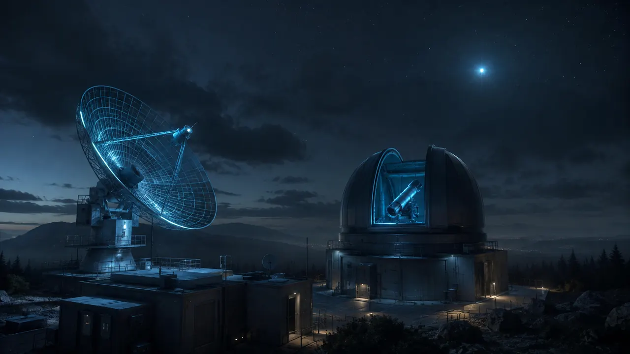 A remote radar dish and optical observatory track the same small ambiguous light at night