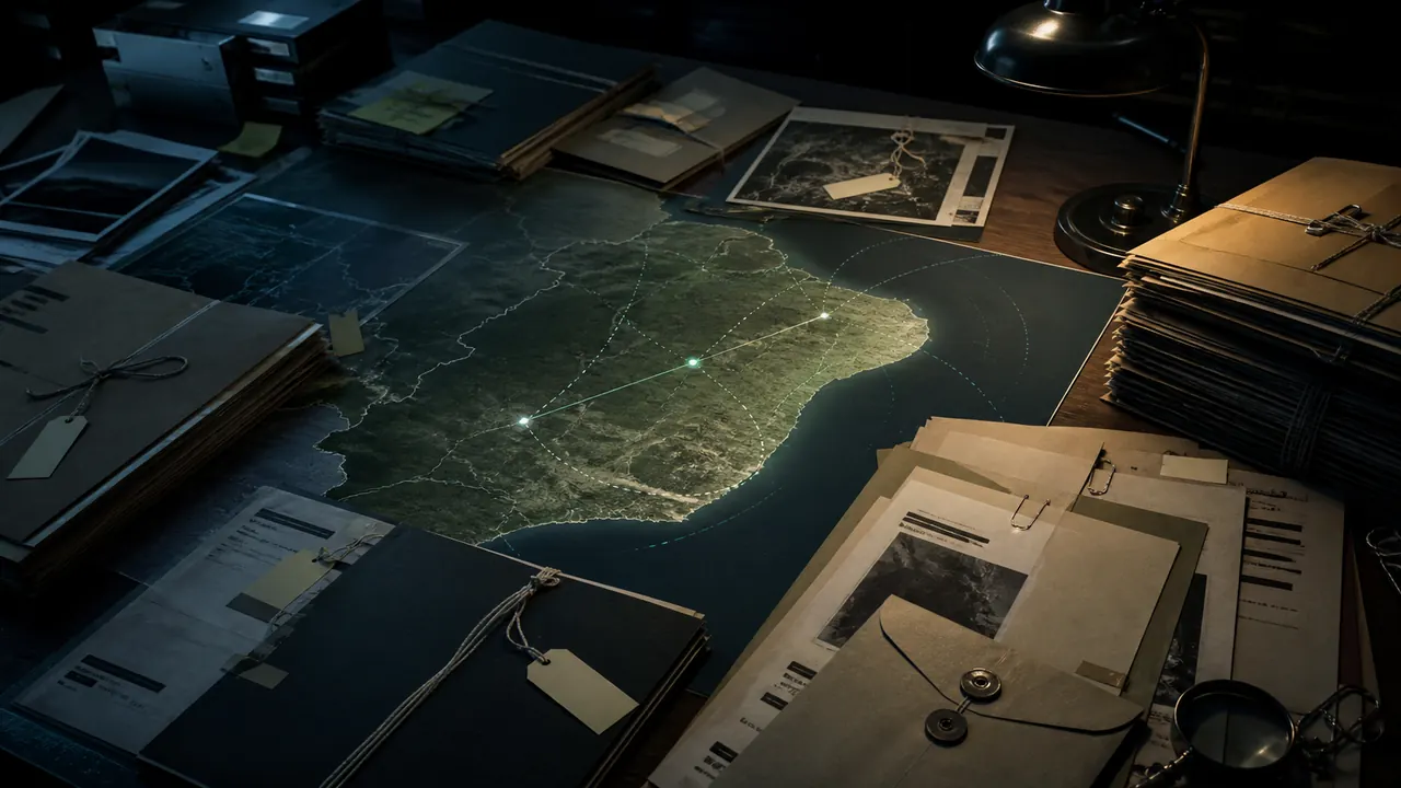 Dark evidence table with a map of Brazil, flight paths and sealed archival folders