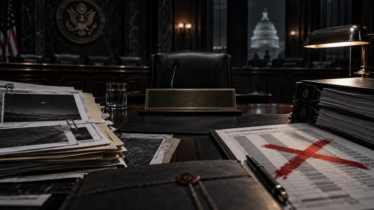A dark congressional oversight desk weighs UAP evidence against a struck budget ledger