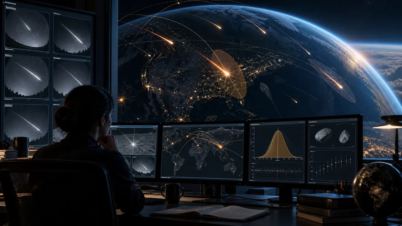 An astronomical analysis room compares meteor trajectories and uncertainty bands over Earth