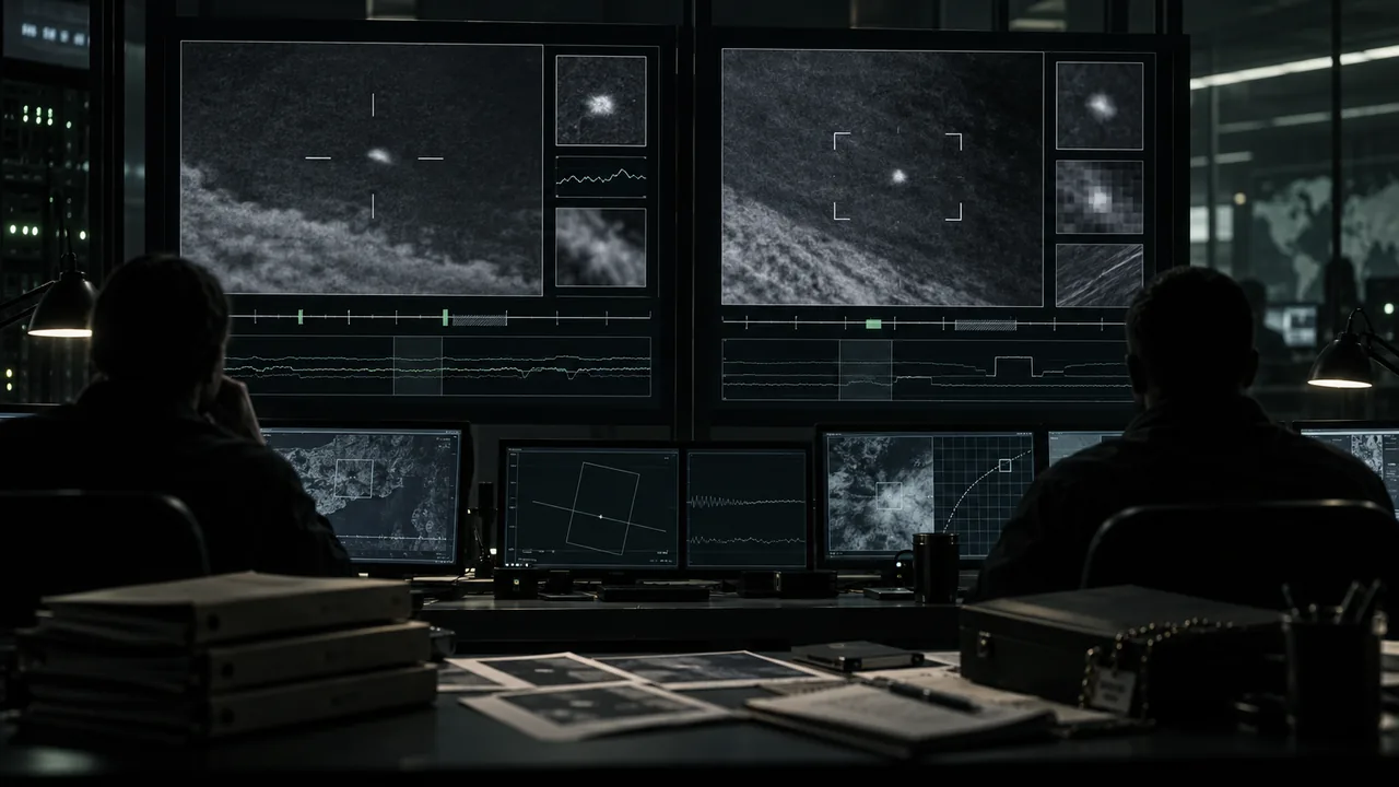 Secure imagery-analysis room comparing two ambiguous infrared tracks and incomplete telemetry