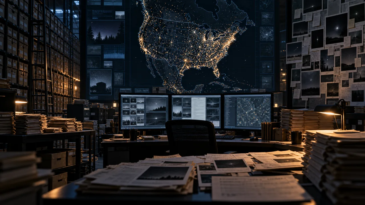Dark civilian sighting archive with a North America map and thousands of anonymous report points