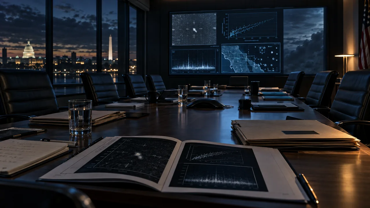 Secure Washington conference room prepared for a scientific review of sensor plots and evidence folders
