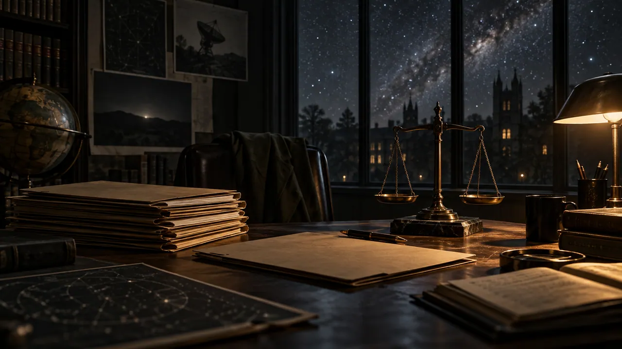 Conceptual dark legal research desk with testimony folders and a balance scale
