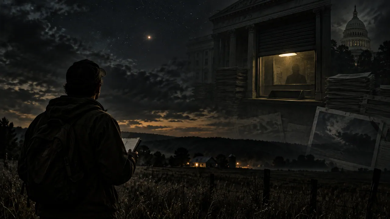 Conceptual nighttime civilian observer and a closed records intake window