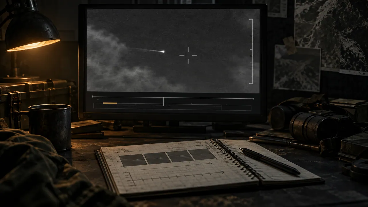Conceptual infrared analysis desk with a brief target crossing and an incomplete timeline