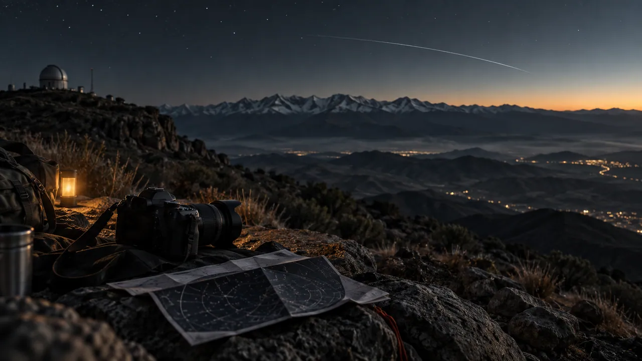 Original AI-generated illustration of a camera and sky chart overlooking mountains before dawn.