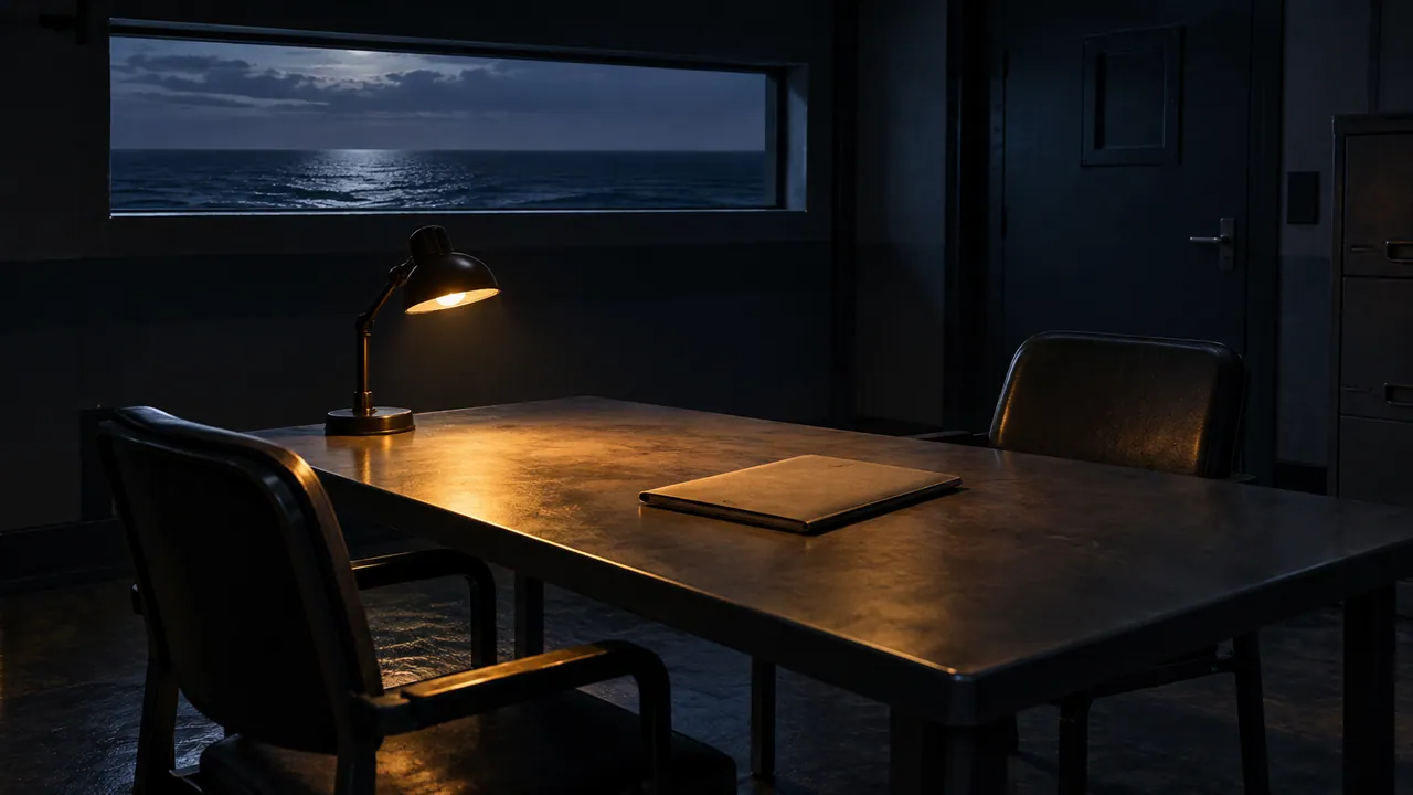 Original AI-generated illustration of an empty interview room with a closed folder and ocean window.