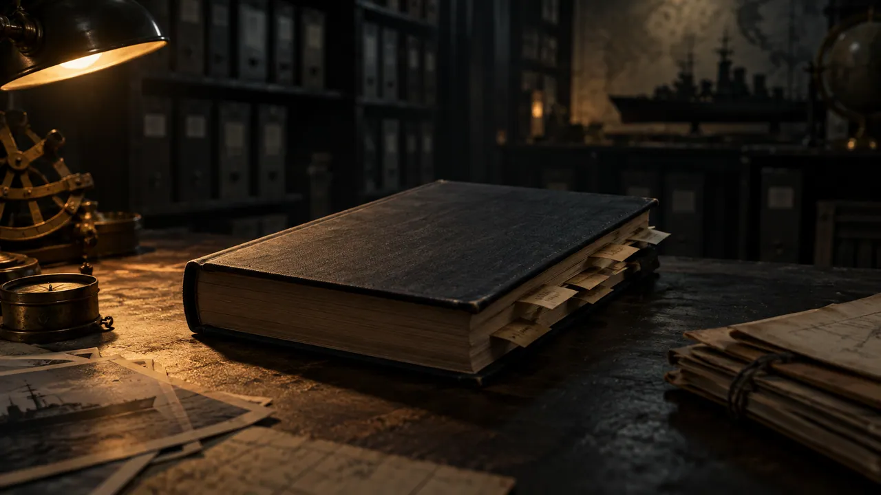 Original AI-generated illustration of an unlabelled closed memoir on a dim archive desk.