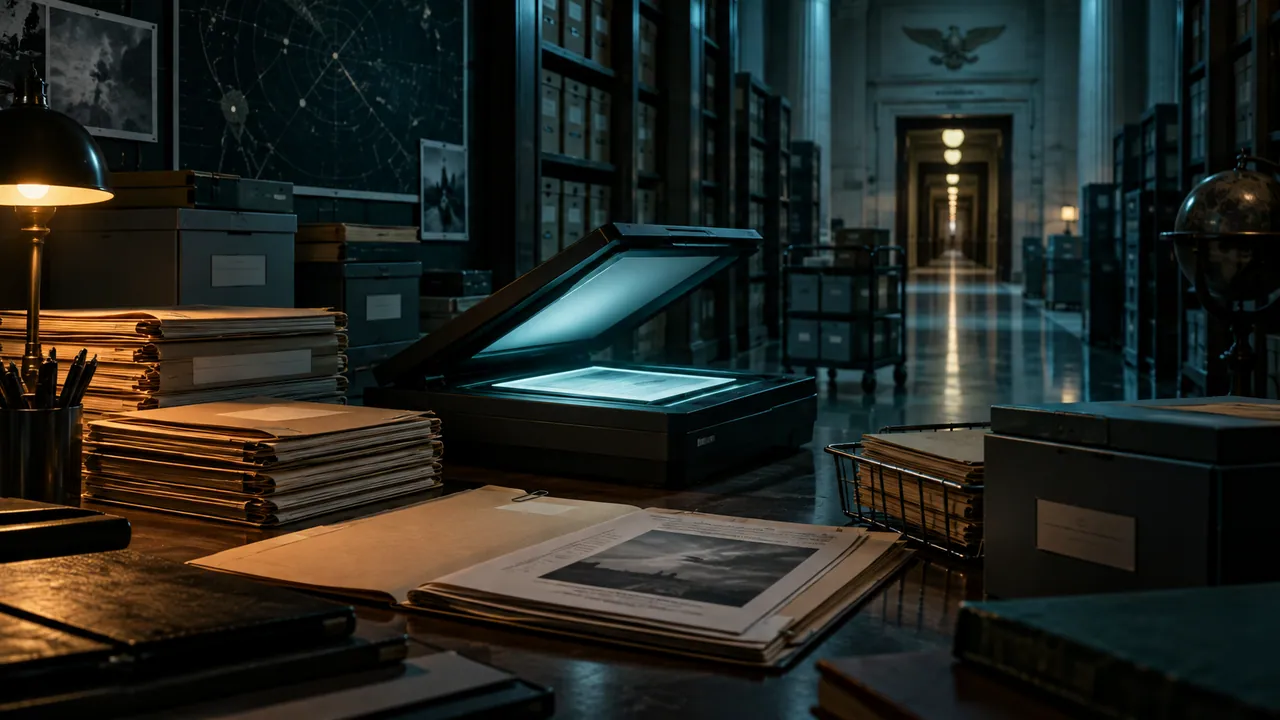 Original AI-generated illustration of folders and a scanner in a dark archive.
