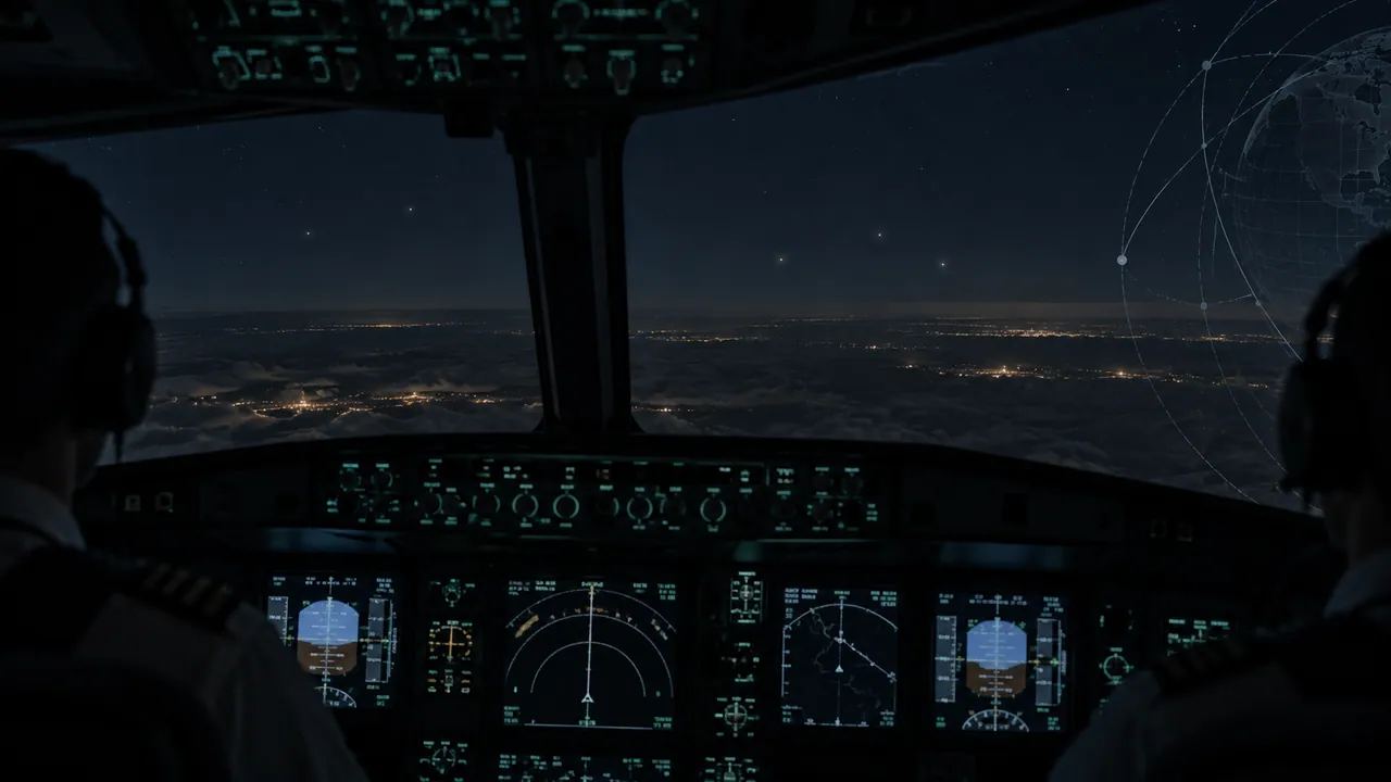 Original AI-generated illustration of a generic night cockpit and distant lights; not sighting evidence.