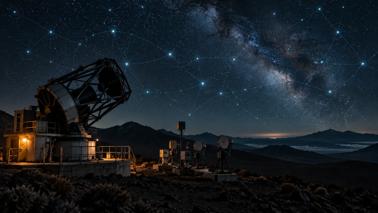 Original AI-generated illustration of an observatory and abstract sky network.