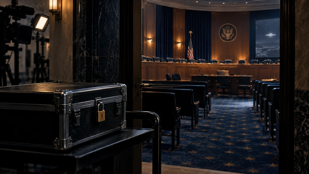 AI-generated fictional hearing room with an imagined saucer display; not an actual hearing or UAP recording.
