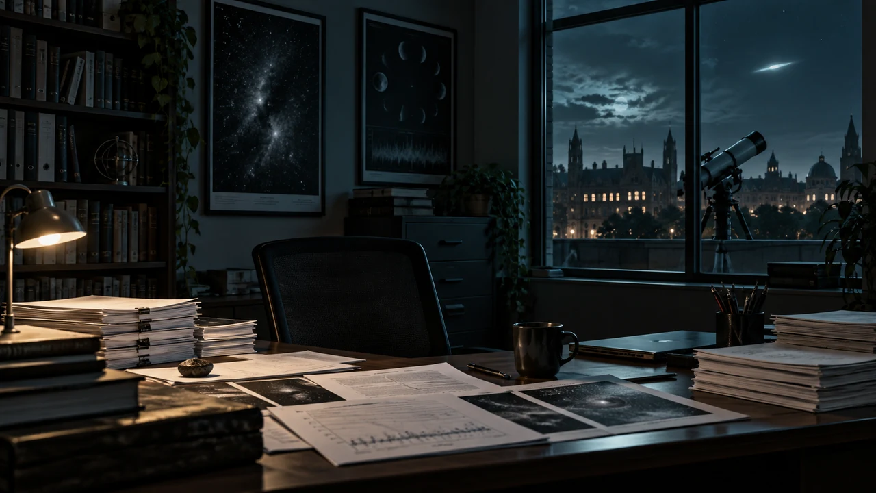 AI-generated conceptual university research office with a fictional light outside; not a documented sighting.