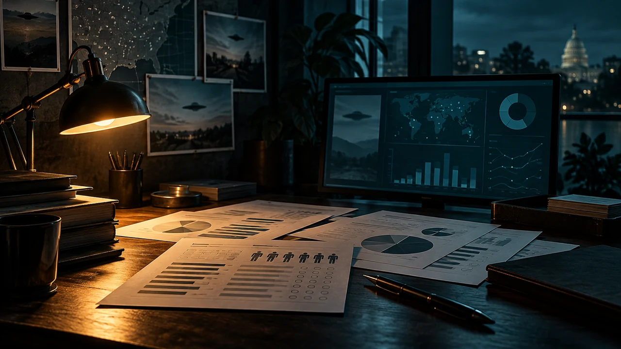 AI-generated conceptual illustration of a dark survey-analysis desk with fictional saucer graphics.
