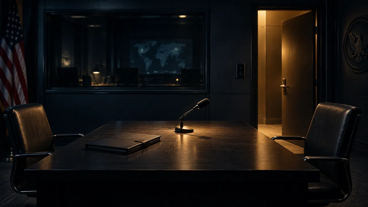 Original AI-generated illustration of an empty government interview room.