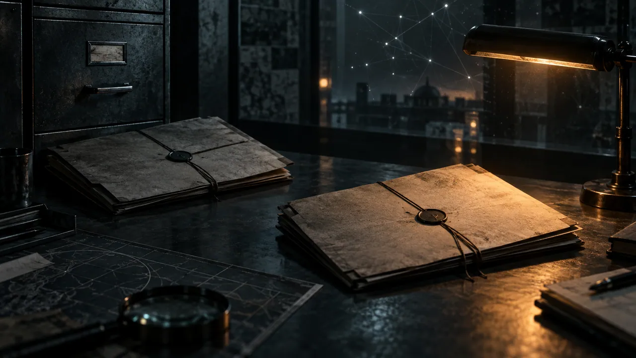 AI-generated conceptual illustration of sealed intelligence records on a dark desk.