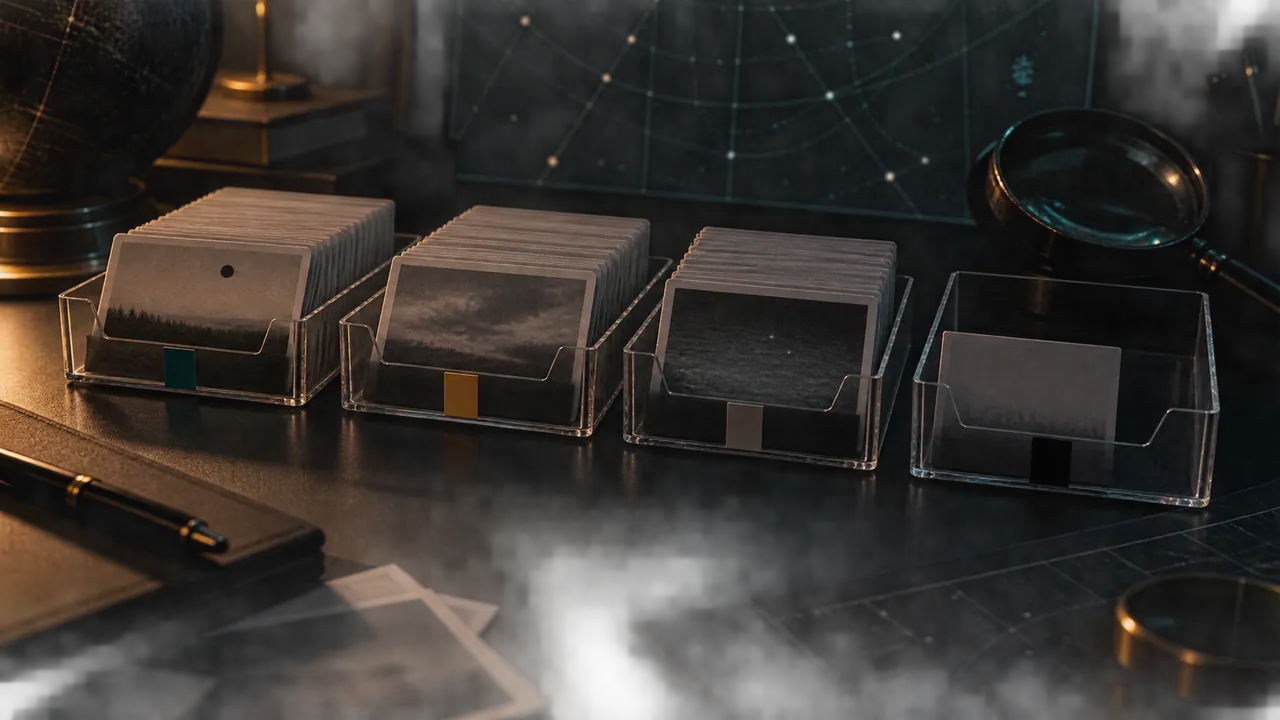 AI-generated conceptual illustration of observation cards sorted into four trays.