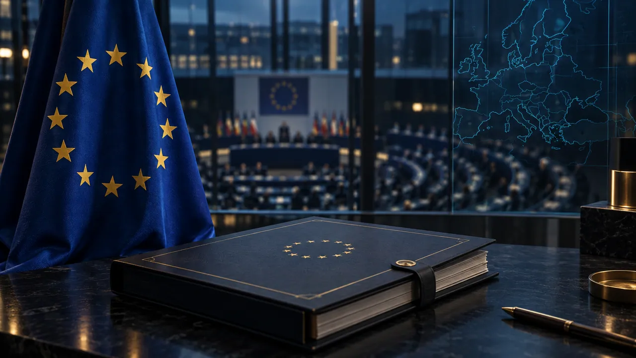 AI-generated conceptual European flag and parliamentary dossier.
