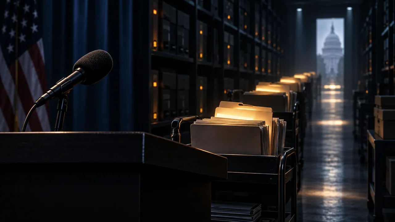 AI-generated conceptual briefing microphone and archive corridor.