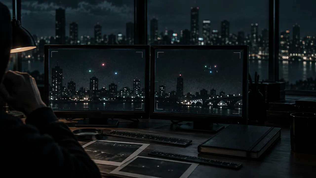 AI-generated conceptual desk for comparing night footage; not the Tehran recordings.