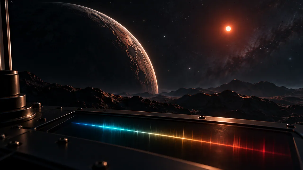 AI-generated concept illustration of an exoplanet and an abstract spectrum