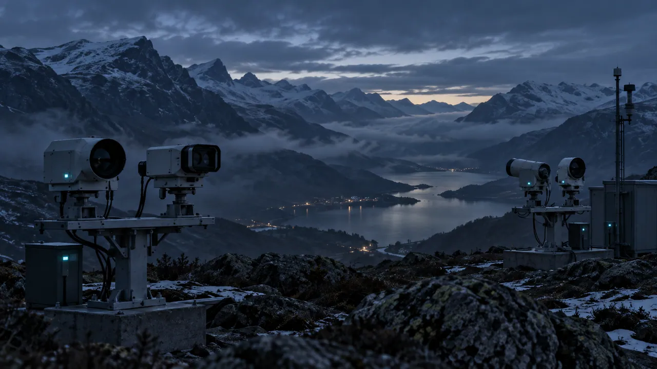 AI-generated conceptual illustration of paired observation cameras in a mountain valley