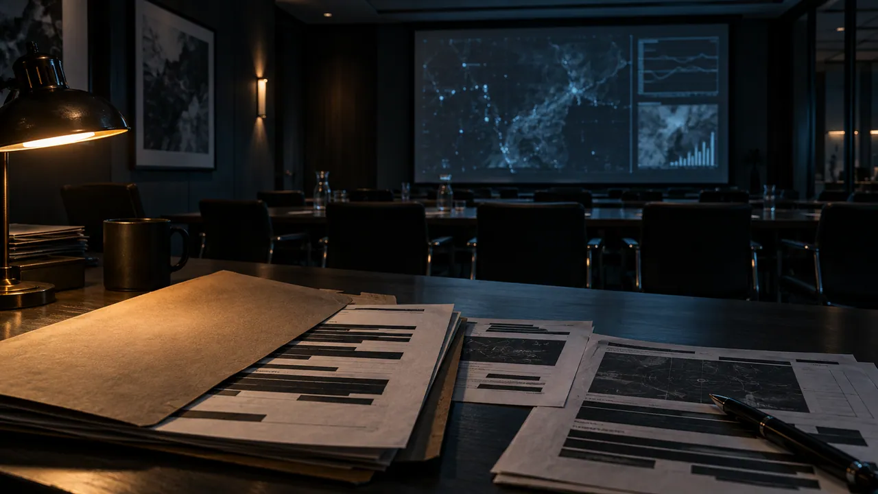 AI-generated conceptual illustration: an empty conference room and abstract research papers under a desk lamp