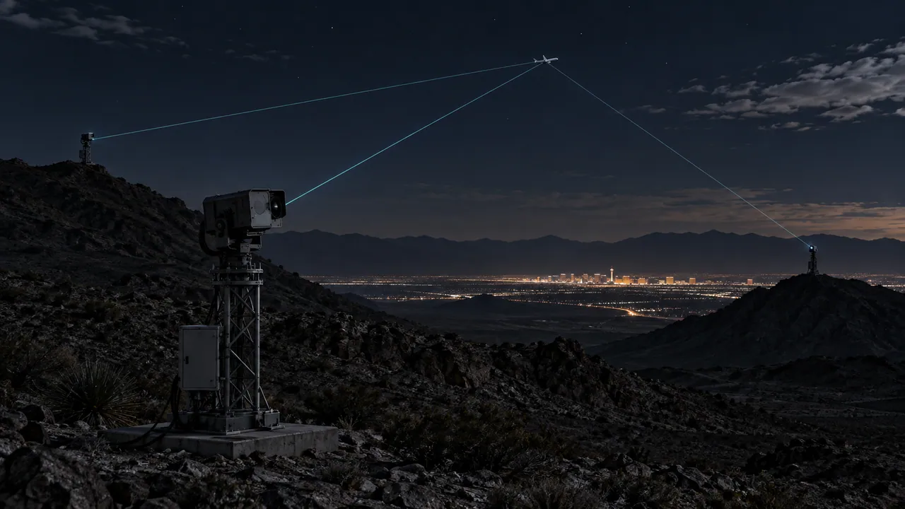 AI-generated conceptual illustration: three conceptual infrared observation stations viewing an ordinary aircraft over a desert city