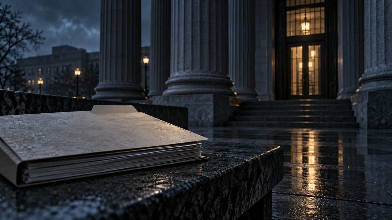 AI-generated conceptual illustration: a closed case folder outside a dark courthouse